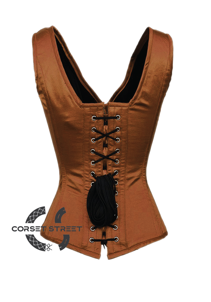 Brown Satin Shoulder Straps Antique Zipper Opening Gothic Burlesque Bustier Waist Training Overbust Corset Costume