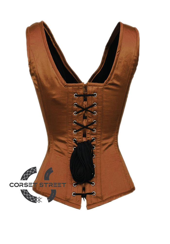 Brown Satin Shoulder Straps Antique Zipper Opening Gothic Burlesque Bustier Waist Training Overbust Plus Size Corset Costume