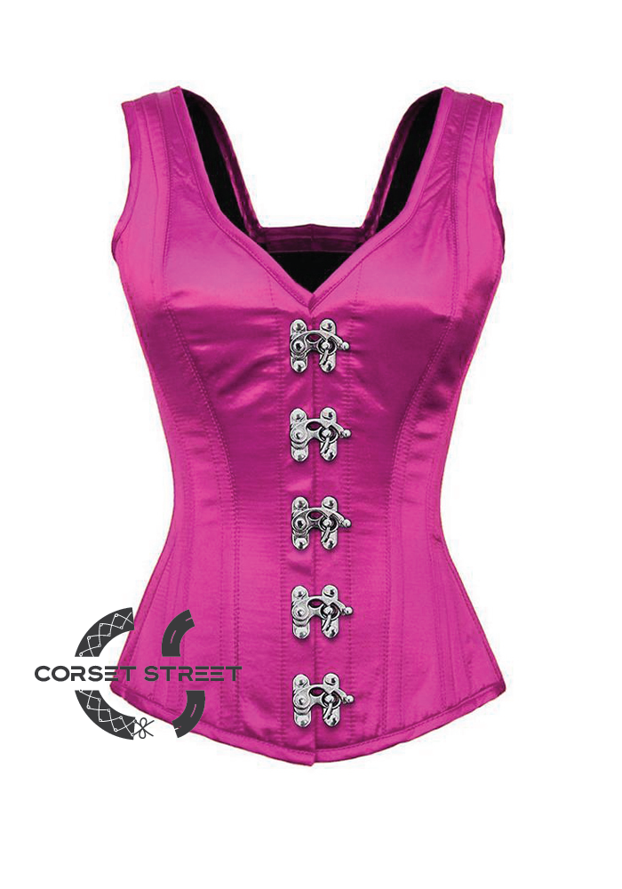 Purple Satin Corset Shoulder Straps Silver Seal Lock Gothic Burlesque Costume Waist Training Overbust Plus Size Bustier Top