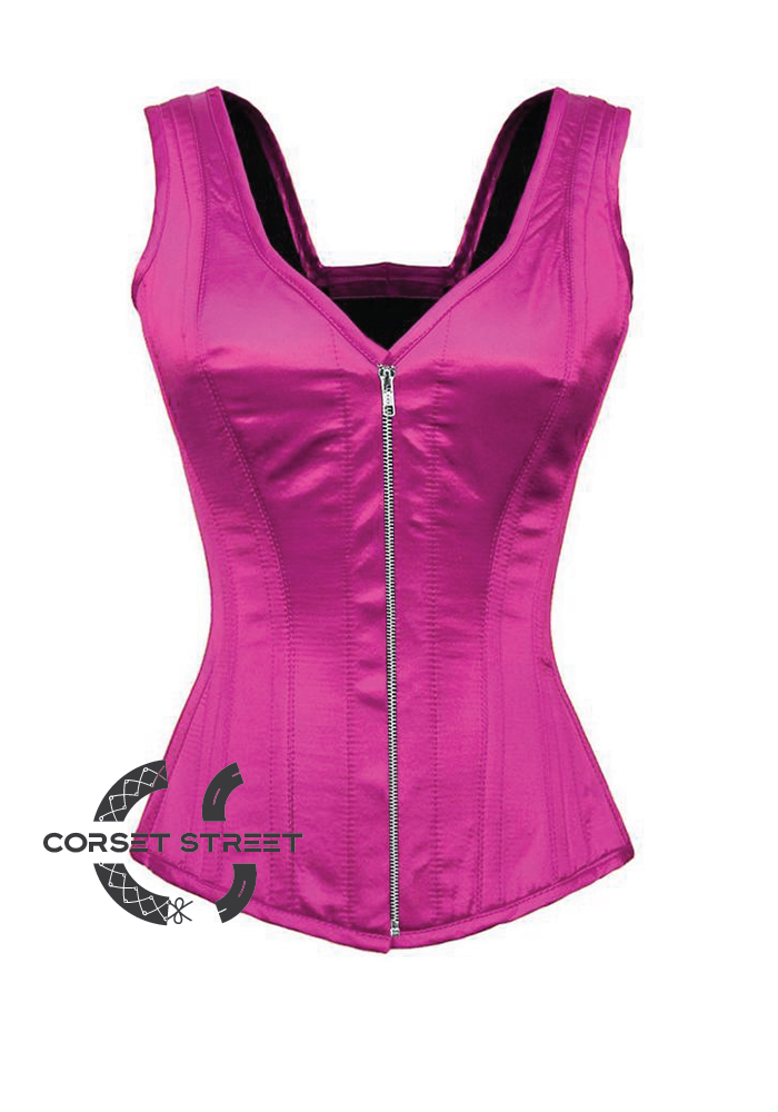 Purple Satin Corset Shoulder Straps Silver Zipper Gothic Burlesque Costume Waist Training Overbust Plus Size Bustier Top