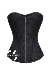 Black Brocade Spiral Steel Boned Corset Antique Zipper Waist Training Bustier Overbust Plus Size Corset Top