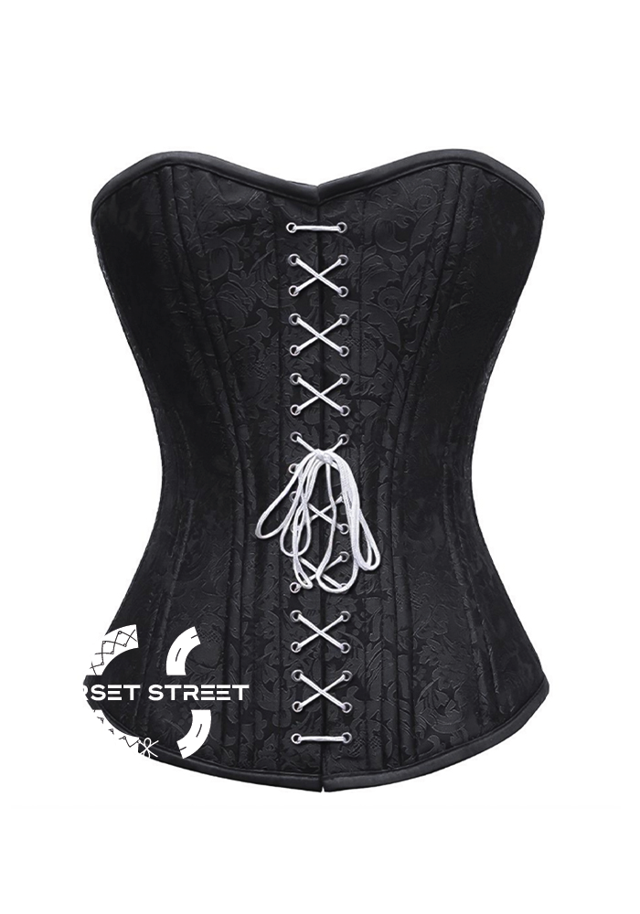 Black Brocade Spiral Steel Boned Corset White Lace Front Opening Waist Training Bustier Overbust Corset Top