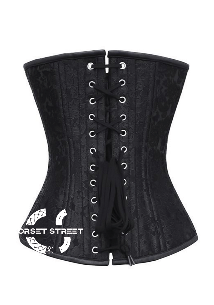 Black Brocade Spiral Steel Boned Corset White Lace Front Opening Waist Training Bustier Overbust Corset Top