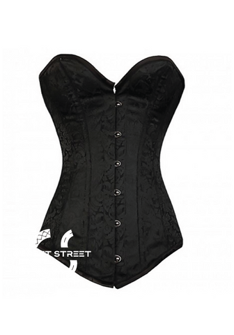 Black Brocade Gothic Burlesque Costume Waist Training Bustier LONGLINE Overbust Corset Top