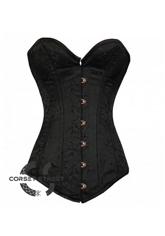 Black Brocade Gothic Burlesque Costume Waist Training Bustier Antique Busk Opening LONGLINE Overbust Corset Top