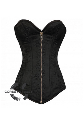Black Brocade Gothic Burlesque Costume Waist Training Bustier Antique Zipper Opening LONGLINE Overbust Corset Top