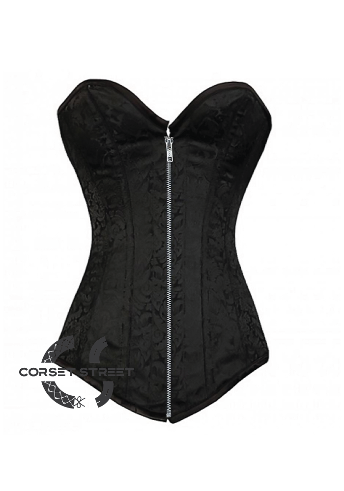 Black Brocade Gothic Burlesque Costume Waist Training Bustier Silver Zipper Opening LONGLINE Plus Size  Overbust Corset Top