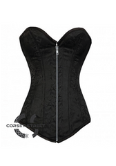 Black Brocade Gothic Burlesque Costume Waist Training Bustier Silver Zipper Opening LONGLINE Plus Size  Overbust Corset Top