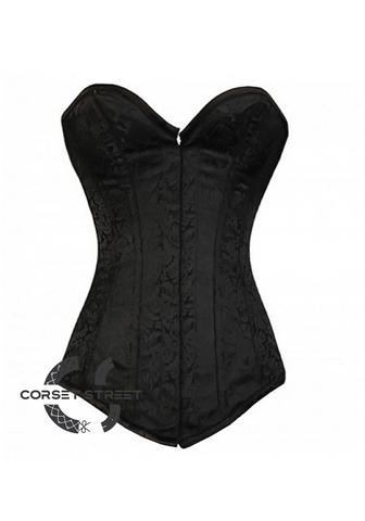 Black Brocade Gothic Burlesque Costume Waist Training Bustier Front Closed LONGLINE Overbust Corset Top