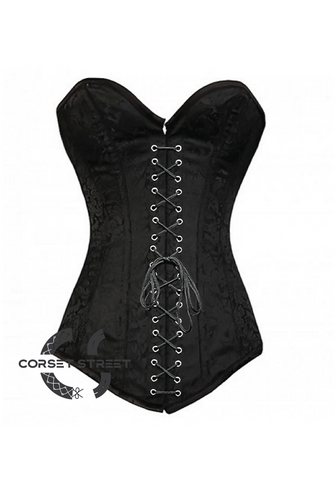 Black Brocade Gothic Burlesque Costume Waist Training Bustier Front Black Lace LONGLINE Overbust Corset Top