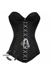 Black Brocade Gothic Burlesque Costume Waist Training Bustier Front White Lace LONGLINE Overbust Corset Top