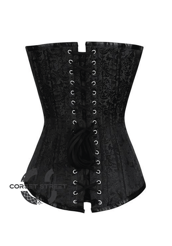 Black Brocade Spiral Steel Boned Corset Goth Burlesque Waist Training LONGLINE Plus Size Overbust Bustier Top