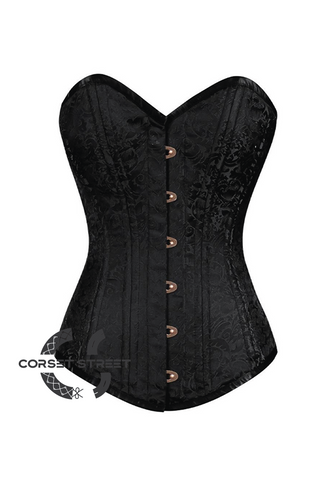 Black Brocade Spiral Steel Boned Corset Goth Burlesque Costume Waist Training LONGLINE Overbust Bustier Top
