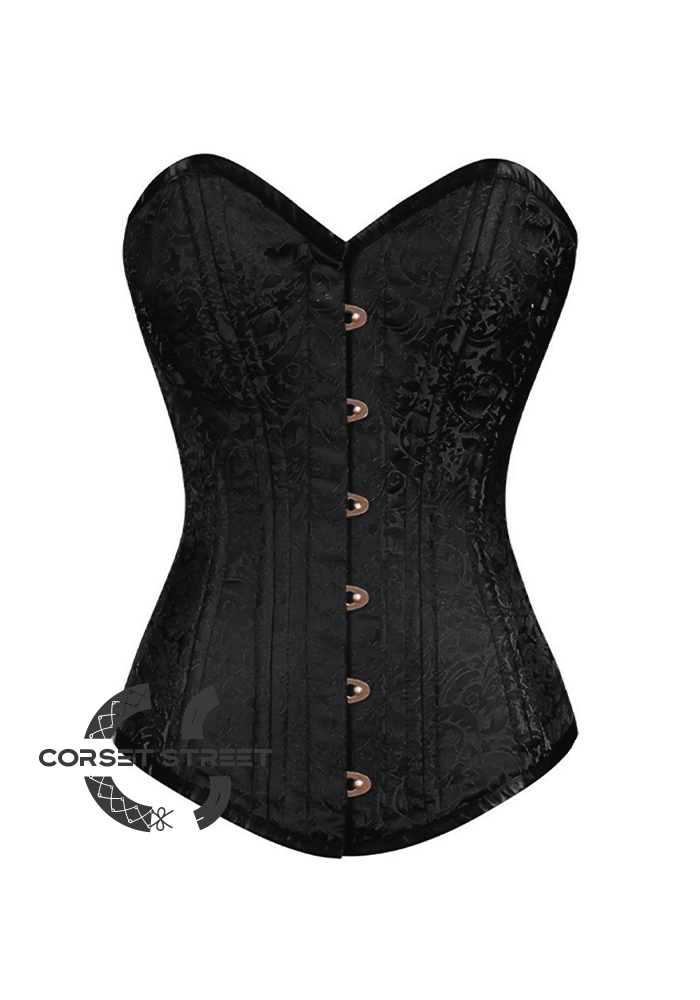 Black Brocade Spiral Steel Boned Corset Goth Burlesque Costume Waist Training LONGLINE Plus Size Overbust Bustier Top