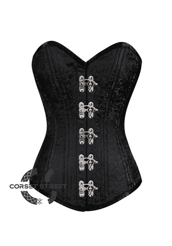 Black Brocade Spiral Steel Boned Corset Goth Burlesque Costume Waist Training LONGLINE Overbust Bustier Top