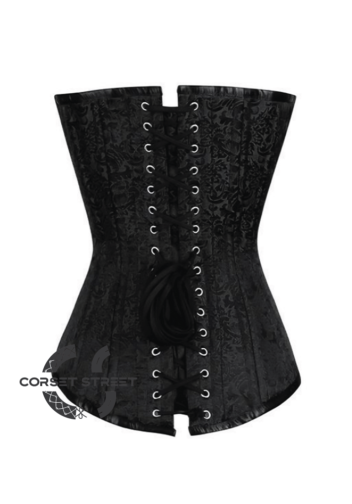 Black Brocade Spiral Steel Boned Corset Goth Burlesque Costume Waist Training LONGLINE Overbust Bustier Top