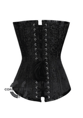 Black Brocade Spiral Steel Boned Corset Goth Burlesque Costume Waist Training LONGLINE Overbust Bustier Top