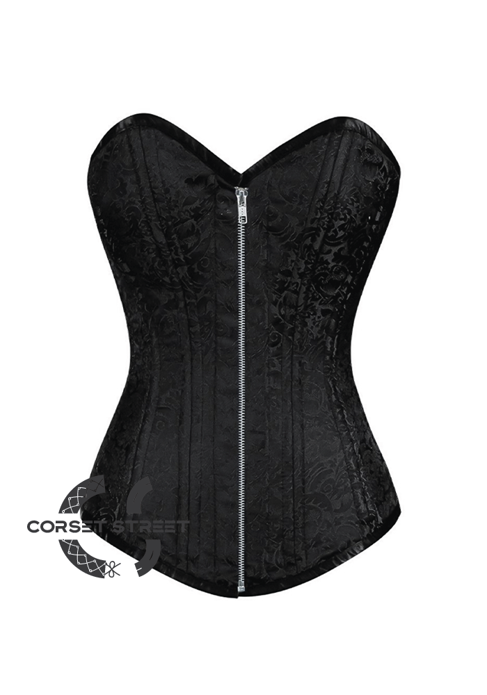Black Brocade Spiral Steel Boned Corset Goth Burlesque Costume Silver Zipper Waist Training LONGLINE Overbust Bustier Top