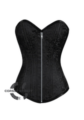 Black Brocade Spiral Steel Boned Corset Goth Burlesque Costume Silver Zipper Waist Training LONGLINE Plus Size Overbust Bustier Top