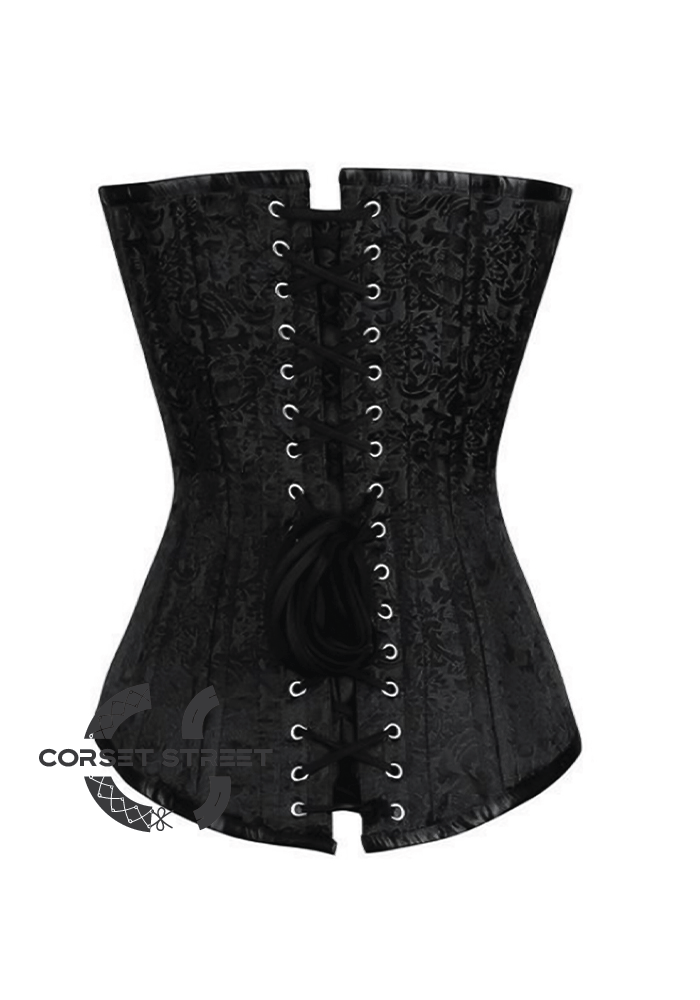 Black Brocade Spiral Steel Boned Corset Goth Burlesque Costume Silver Zipper Waist Training LONGLINE Plus Size Overbust Bustier Top