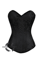 Black Brocade Spiral Steel Boned Corset Front Closed Goth Burlesque Costume Waist Training LONGLINE Overbust Bustier Top