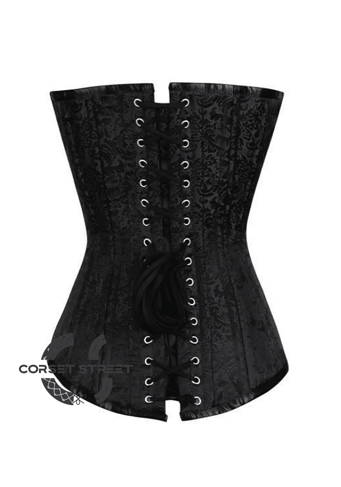 Black Brocade Spiral Steel Boned Corset Front Closed Goth Burlesque Costume Waist Training LONGLINE Plus Size Overbust Bustier Top