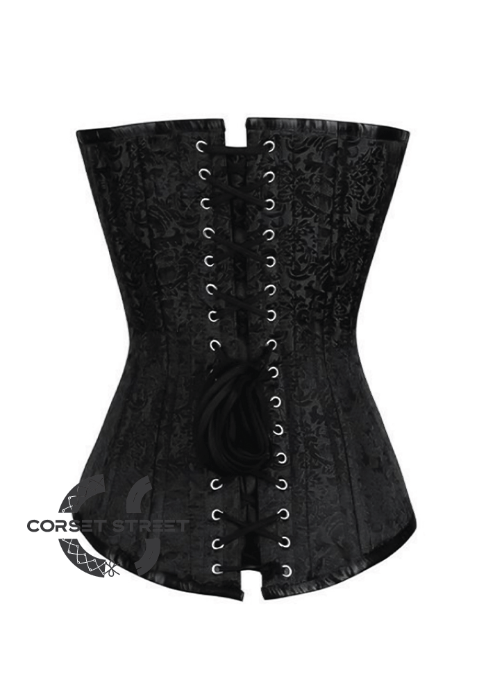 Black Brocade Spiral Steel Boned Corset Front Black Lace Goth Burlesque Costume Waist Training LONGLINE Overbust Bustier Top