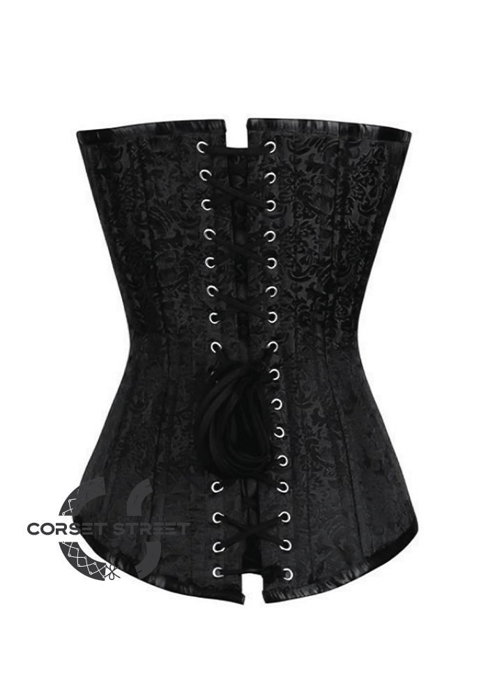 Black Brocade Spiral Steel Boned Corset Front Black Lace Goth Burlesque Costume Waist Training LONGLINE Plus Size Overbust Bustier Top