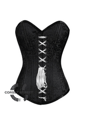 Black Brocade Spiral Steel Boned Corset Front White Lace Goth Burlesque Costume Waist Training LONGLINE Plus Size  Overbust Bustier Top