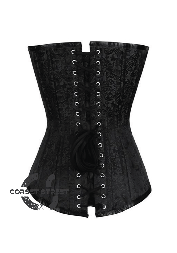 Black Brocade Spiral Steel Boned Corset Front White Lace Goth Burlesque Costume Waist Training LONGLINE Plus Size  Overbust Bustier Top