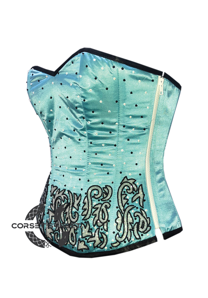 Baby Blue Corset Zipper Satin Handmade Sequins Gothic Burlesque Costume Waist Training Plus Size Overbust