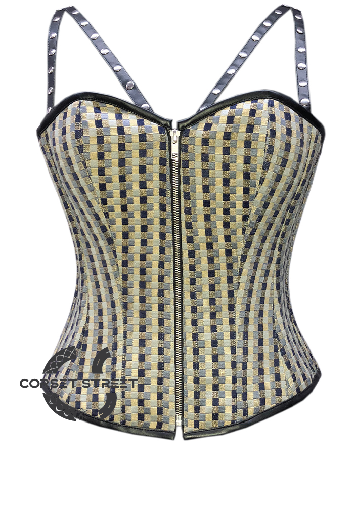 Checkered Corset Black Leather Straps Gothic Steampunk Costume Waist Training Overbust Bustier Top