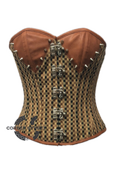 Brown Corset Checkered Print Spikes Gothic Steampunk Costume Waist Training Bustier Overbust Corset Top