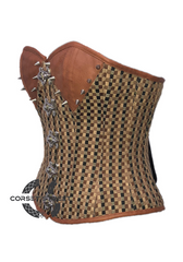 Brown Corset Checkered Print Spikes Gothic Steampunk Costume Waist Training Bustier Overbust Corset Top