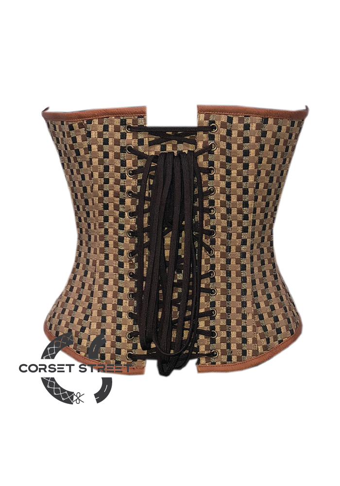 Brown Corset Checkered Print Spikes Gothic Steampunk Costume Waist Training Bustier Overbust Corset Top