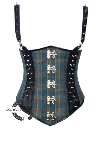 Blue Corset Checkered Cotton Black Leather Straps Gothic Steampunk Costume Waist Training Underbust Bustier Corset Top