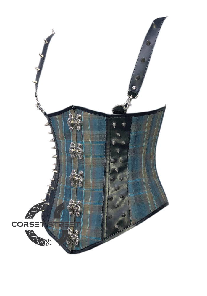 Blue Corset Checkered Cotton Black Leather Straps Gothic Steampunk Costume Waist Training Underbust Bustier Corset Top