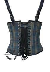 Blue Corset Checkered Cotton Black Leather Straps Gothic Steampunk Costume Waist Training Underbust Bustier Corset Top