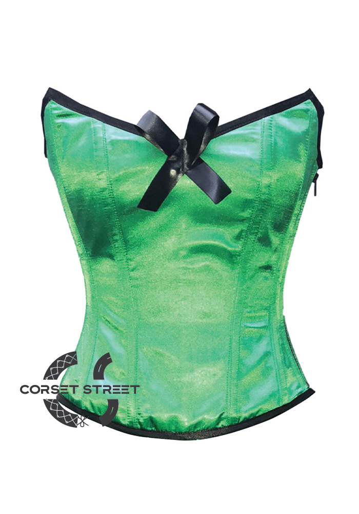 Green Satin Corset Zipper with Black Bow Gothic Burlesque Costume Waist Training Bustier Plus Size Overbust Top