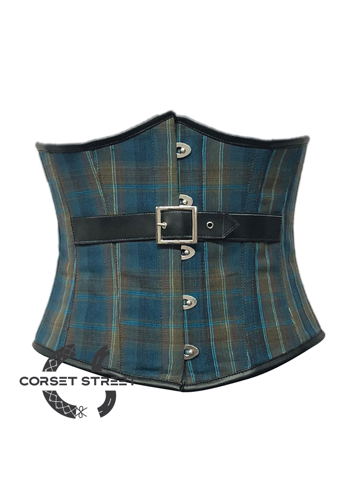 Blue Printed Corset with Black Leather Belt Gothic Costume Waist Cincher Underbust Plus Size  Bustier Top