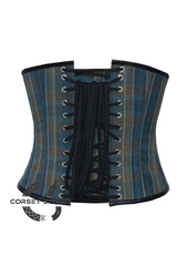 Blue Printed Corset with Black Leather Belt Gothic Costume Waist Cincher Underbust Plus Size  Bustier Top