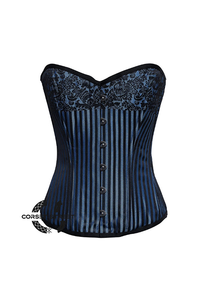 Blue and Black Corset Brocade Gothic Burlesque Costume Waist Training Bustier Overbust Top