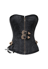 Black Brocade Antique Zipper Gothic Costume Waist Training Bustier Overbust Corset Top