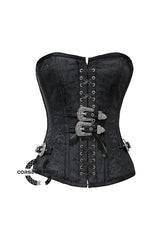 Black Brocade Front Lace Gothic Costume Waist Training Bustier Overbust Corset Top