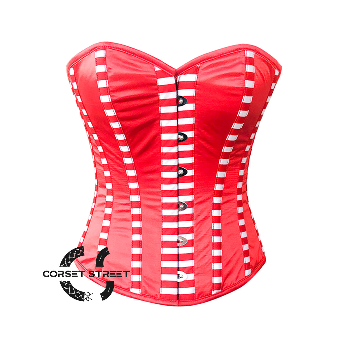 Red Satin Stripes Burlesque Gothic Costume Overbust Corset Top