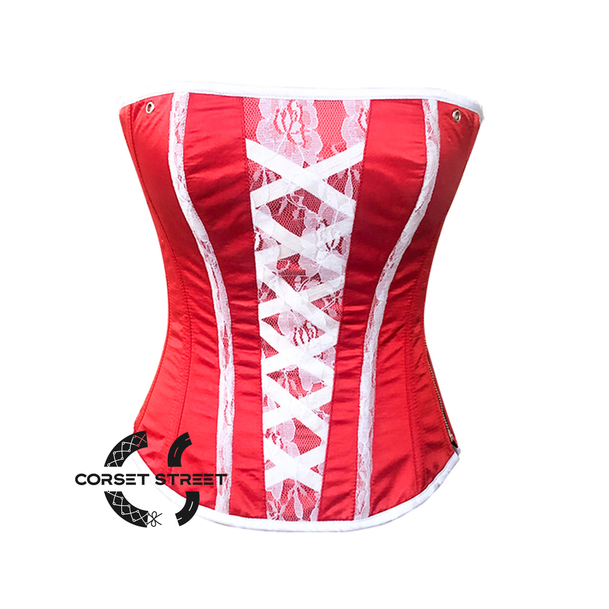 Red Satin with White Net on Front Overbust Christmas Corset Top Burlesque Waist Training Overbust Corset