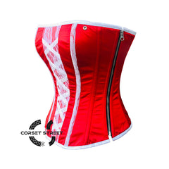 Red Satin with White Net on Front Overbust Christmas Corset Top Burlesque Waist Training Overbust Corset