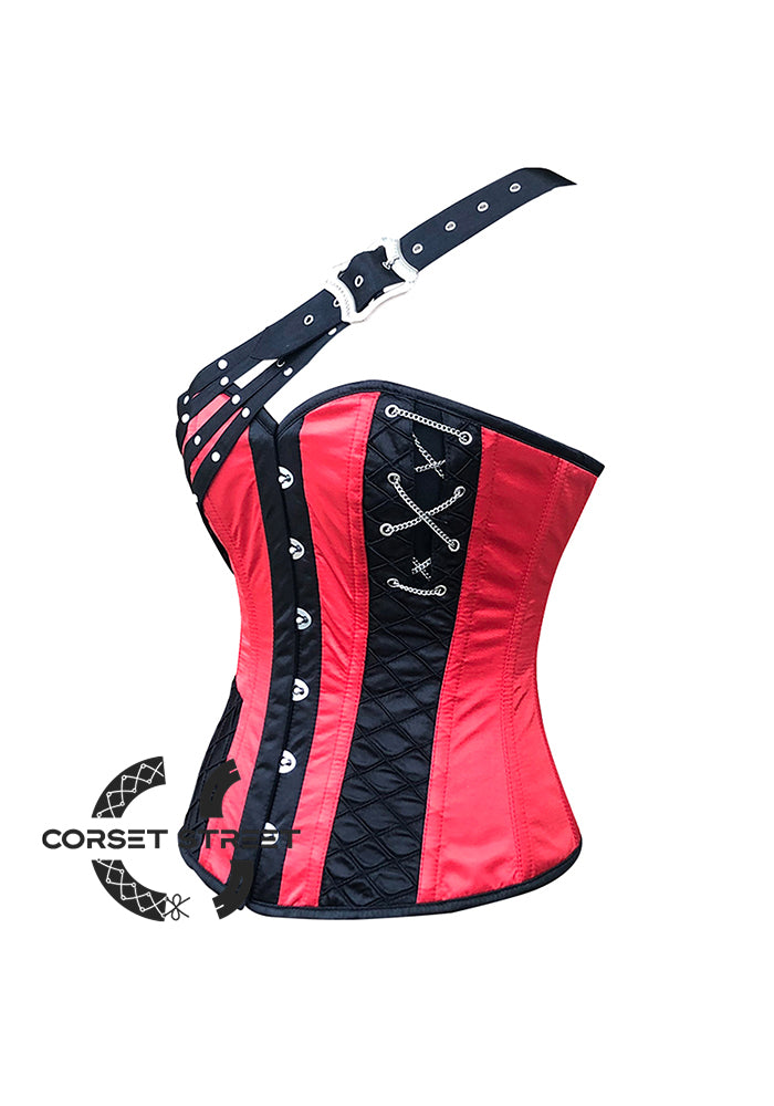 Red and Black Satin Gothic Steampunk Costume Overbust Plus Size Bustier Top