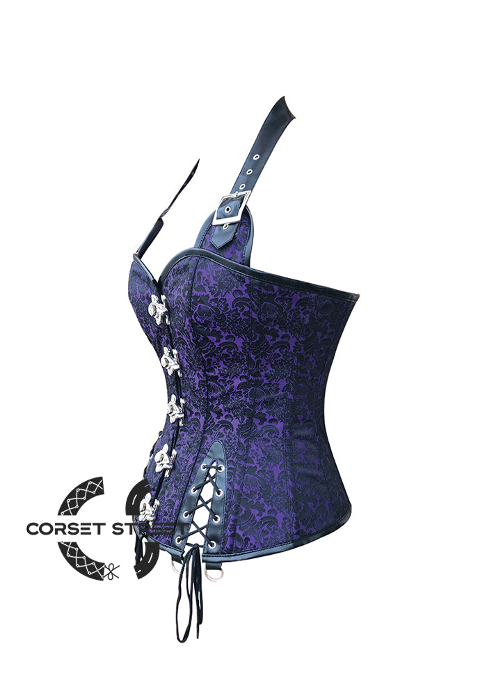 Black and Purple Brocade with Leather Strap Halter Neck Gothic Steampunk Overbust Plus Size Bustier Top
