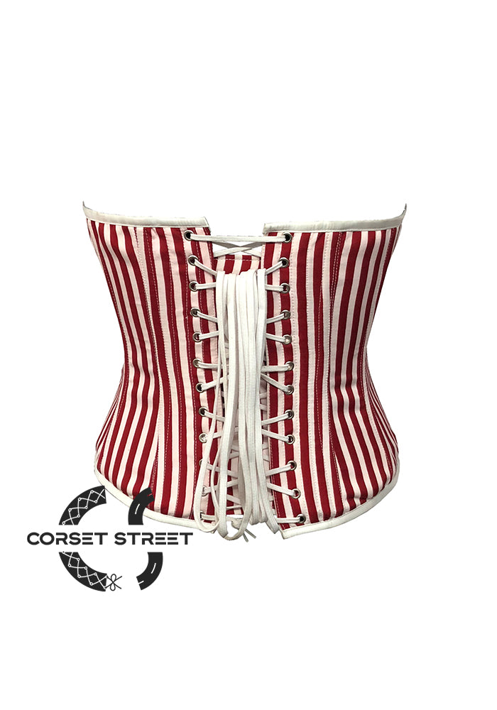 Red and White Vertical Striped Satin Gothic Costume Waist Training Overbust Bustier Top